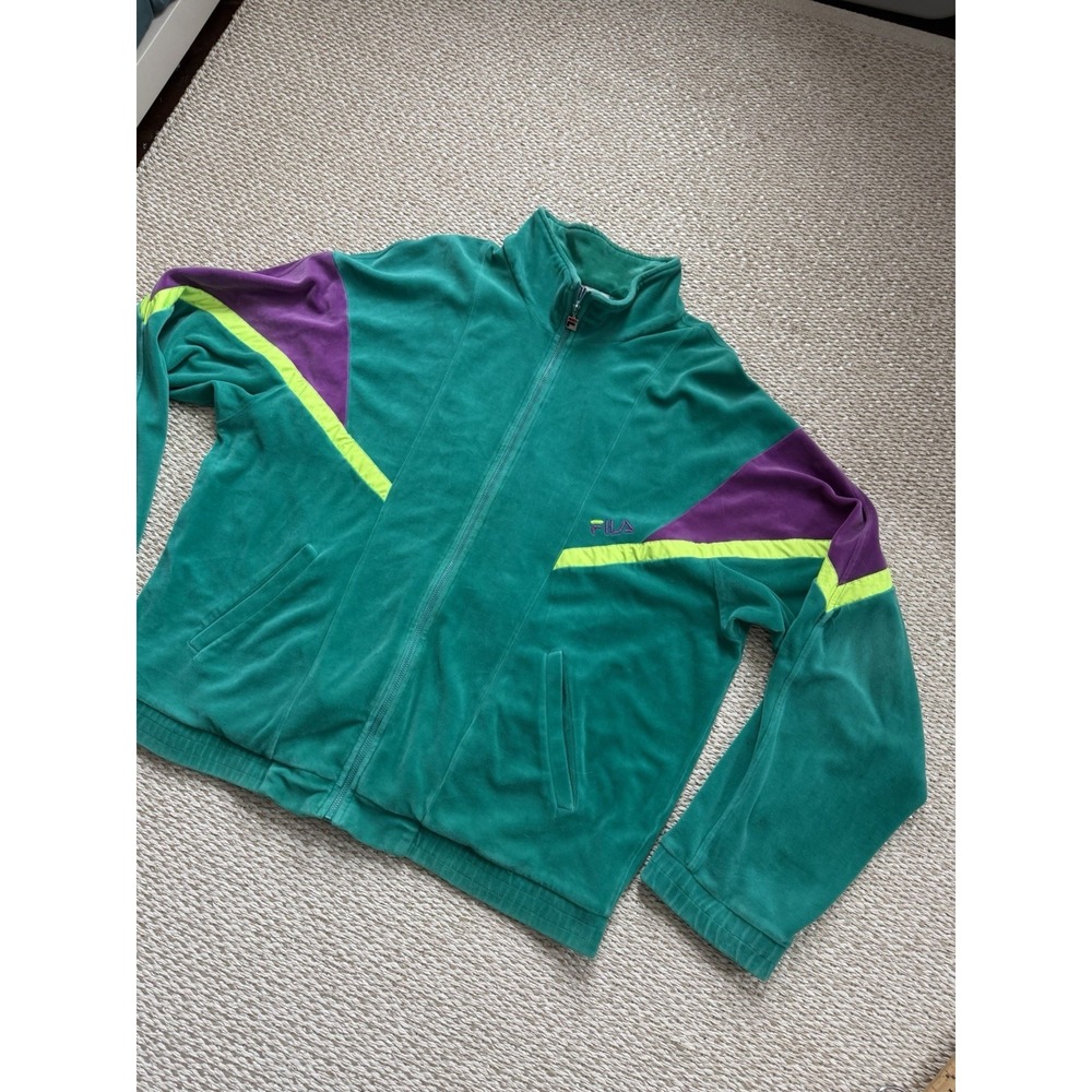 Men's Vintage 90's FILA Green Velour Track Jacket Sweatshirt‎ Xxl Y2K Streetwear